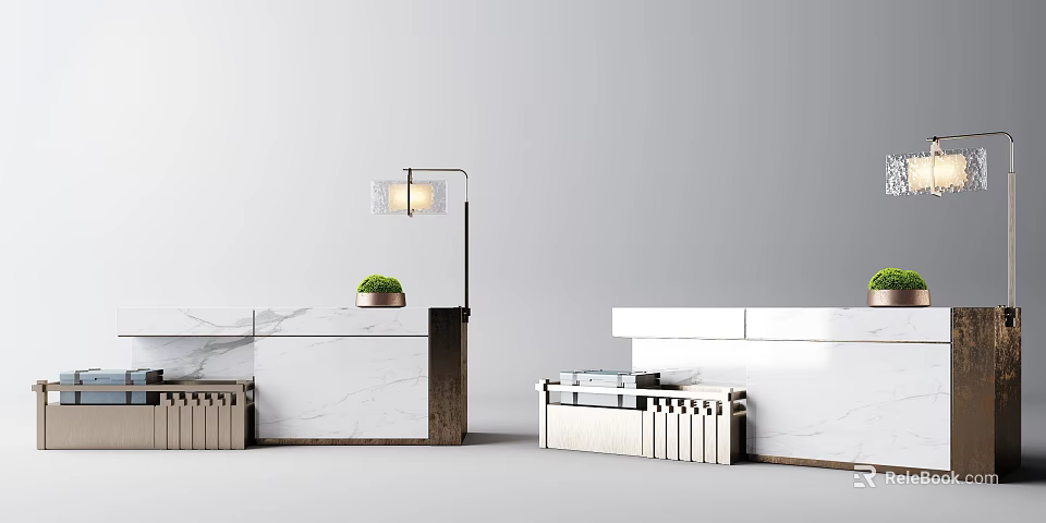 Elegant Modern Reception Desk With Marble Top Metal Frame Table Lamp And Green Plant 3d model 