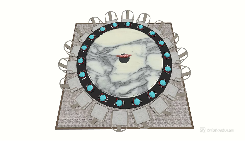Elegant Round Dining Table Set With Marble Top Turquoise Accents And Gray Chairs 3d model 
