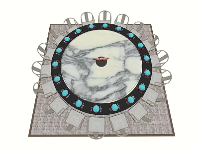 Elegant Round Dining Table Set With Marble Top Turquoise Accents And Gray Chairs 3d model