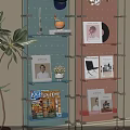 Modern Acrylic Storage Shelf with Books Photos Hat and Headphones in Living Room