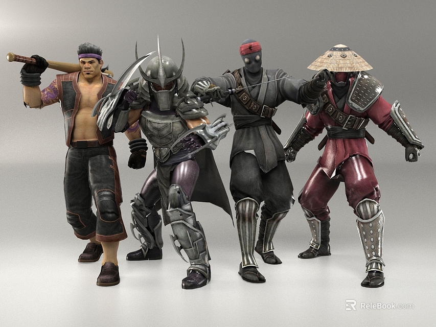 Game and Movie Characters Standing Together as Armored Warrior Ninja and Street Style Figures 3d model 