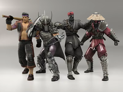 Game and Movie Characters Standing Together as Armored Warrior Ninja and Street Style Figures 3d model