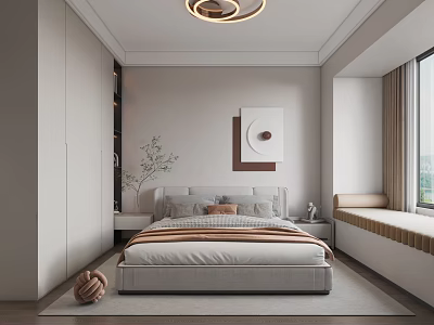 Modern Bedroom Interior Design With Bed Closet Wall Art Chandelier Area Rug And Window Seat 3d model