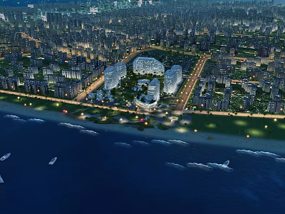 Aerial Planning of Coastal City Night View With Illuminated Buildings And Seaside Roads 3d model