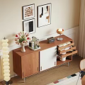 Modern Cozy Interior Sideboard With Flower Vase Coffee Machine Radio And Table Lamp Wall Art