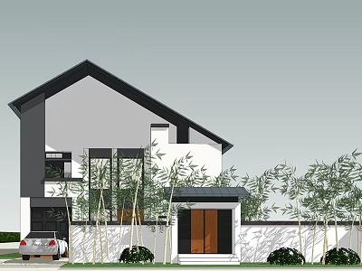 Modern Single Family House With Black Roof White Walls Large Glass Windows And Bamboo Trees 3d model