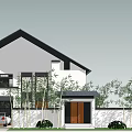 Modern Single Family House With Black Roof White Walls Large Glass Windows And Bamboo Trees