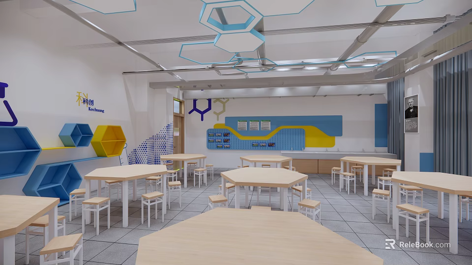 School Classroom Interior Design With Hexagonal Ceiling Decor And Wooden Tables 3d model