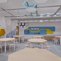 School Classroom Interior Design With Hexagonal Ceiling Decor And Wooden Tables 3d model