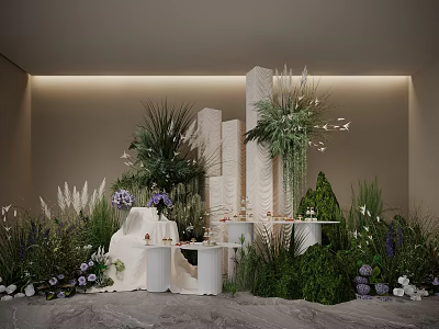 Modern Floral Display With White Columns Green Plants Purple Flowers Marble Countertops And Lighting 3d model