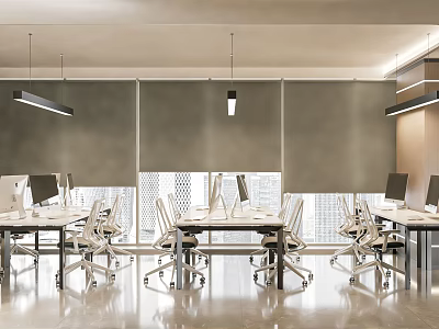 Modern Public Office Space Interior With Desks Office Chairs Grey Roller Blinds And Lighting 3d model