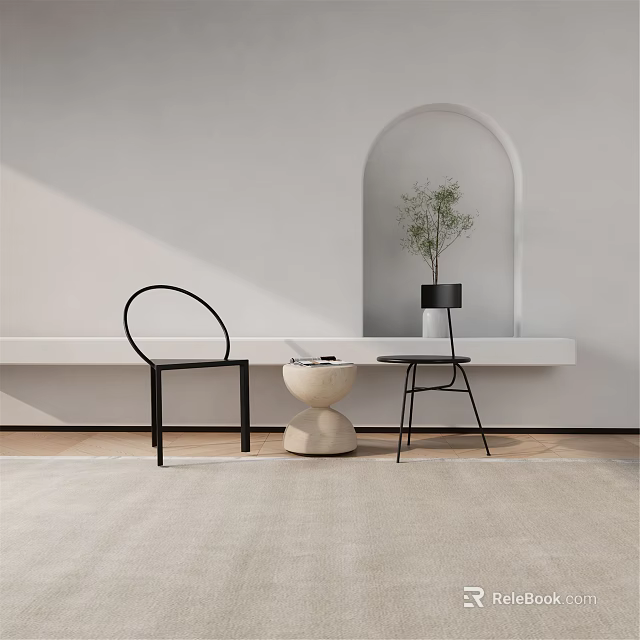 Modern Casual Sofa Set with White Walls Arched Niche Green Plant and Light Rug 3d model 