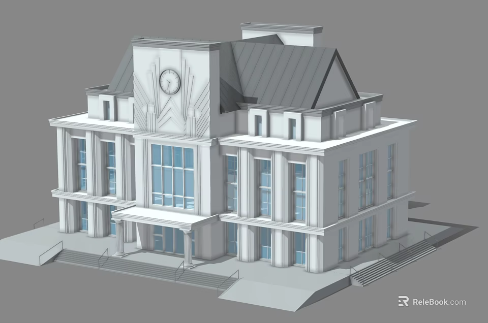 Classic European-style Building with Clock Tower Large Windows Sloped Roof Symmetrical Design and Entrance Steps 3d model 