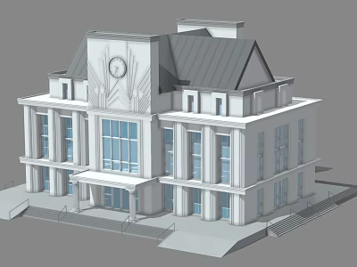 Classic European-style Building with Clock Tower Large Windows Sloped Roof Symmetrical Design and Entrance Steps 3d model