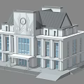 Classic European-style Building with Clock Tower Large Windows Sloped Roof Symmetrical Design and Entrance Steps