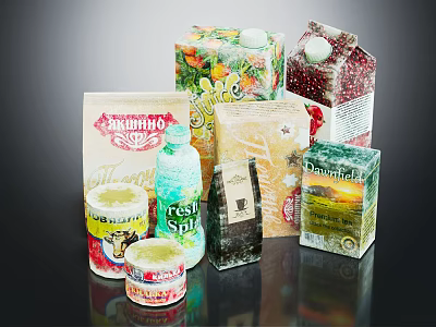 Assorted Beverages With Bottled And Carton Packages Featuring Natural Elements And Colorful Designs 3d model