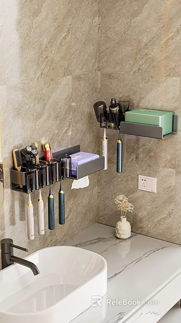 Bathroom Accessories Wall Mounted Organizer with Toothbrushes Soap Dish and Hair Dryer Storage 3d model 