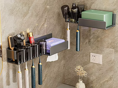 Bathroom Accessories Wall Mounted Organizer with Toothbrushes Soap Dish and Hair Dryer Storage 3d model