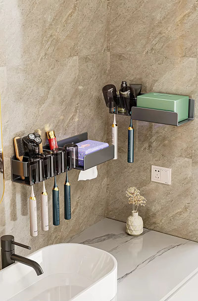 Bathroom Accessories Wall Mounted Organizer with Toothbrushes Soap Dish and Hair Dryer Storage 3d model