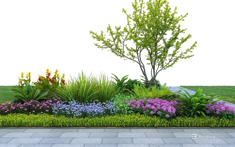 Colorful Ground Cover With Mixed Flowers Green Grass Shrubs And Tree Near Stone Pathway 3d model 