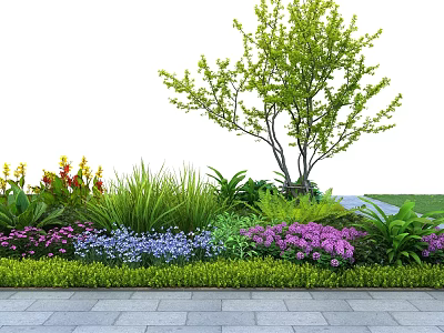 Colorful Ground Cover With Mixed Flowers Green Grass Shrubs And Tree Near Stone Pathway 3d model