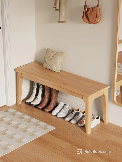 Wooden Shoe Bench in Modern Entryway with Beige Pillow and Various Shoes Storage 3d model 