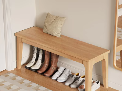 Wooden Shoe Bench in Modern Entryway with Beige Pillow and Various Shoes Storage 3d model