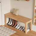 Wooden Shoe Bench in Modern Entryway with Beige Pillow and Various Shoes Storage