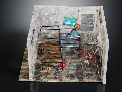 Dilapidated Room Interior With Rusty Metal Bed Frame Damaged Walls And Trash 3d model