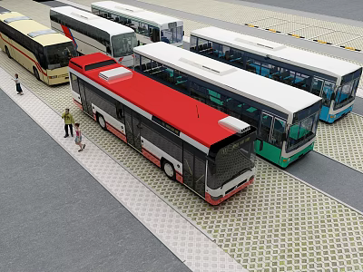 Various Colored Buses Parked in Paved Outdoor Area with Pedestrians 3d model