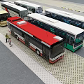 Various Colored Buses Parked in Paved Outdoor Area with Pedestrians