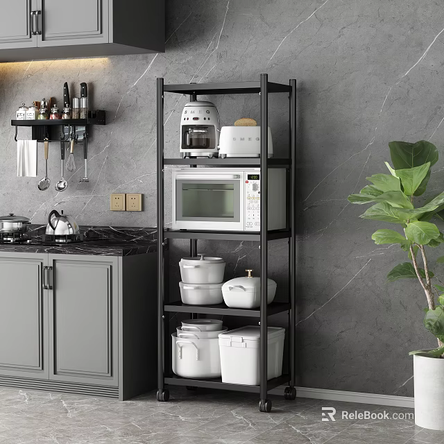Practical Kitchen Storage Rack With Microwave Rice Cooker Pots Storage Containers And Gray Cabinets 3d model