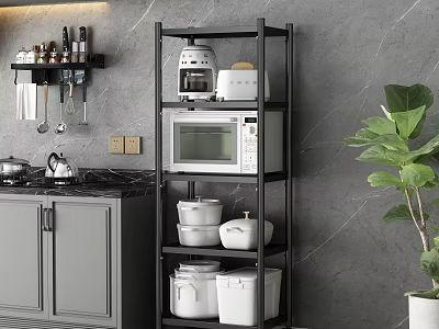 Practical Kitchen Storage Rack With Microwave Rice Cooker Pots Storage Containers And Gray Cabinets 3d model