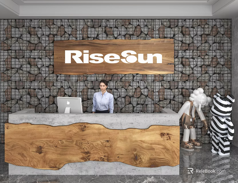 Modern Store Front Desk With Wooden Countertop RiseSun Sign And Decorative Sculptures 3d model 