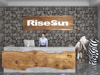 Modern Store Front Desk With Wooden Countertop RiseSun Sign And Decorative Sculptures 3d model