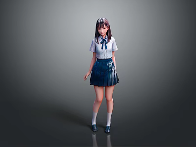Young woman in school uniform with white shirt blue skirt bow tie and standing posture 3d model