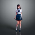 Young woman in school uniform with white shirt blue skirt bow tie and standing posture
