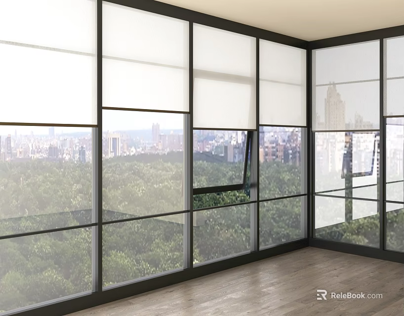 Modern Interior Space With Floor To Ceiling Glass Windows Showcasing Urban Skyline And Greenery 3d model 