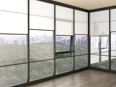 Modern Interior Space With Floor To Ceiling Glass Windows Showcasing Urban Skyline And Greenery 3d model
