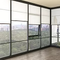 Modern Interior Space With Floor To Ceiling Glass Windows Showcasing Urban Skyline And Greenery