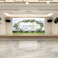 Elegant Banquet Hall Interior With White Chairs Brown Ribbons Flower Arrangements And Arched Windows