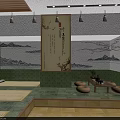 Serene Japanese Style SPA Sauna Interior With Bamboo Grille Landscape Painting And Tatami Seats