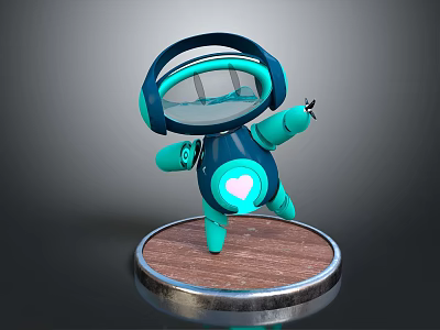 Cute Blue Robot Character With Transparent Head And Heart Design Standing On Wooden Base 3d model