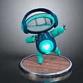 Cute Blue Robot Character With Transparent Head And Heart Design Standing On Wooden Base