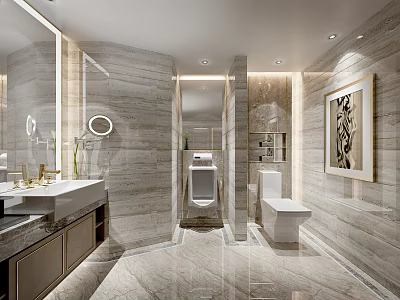 Luxurious Modern Bathroom Interior Design With Marble Walls Floors Vanity Mirror Toilet And Cabinets 3d model