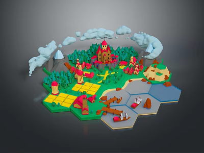 3D Fantasy Landscape With Castle Green Trees Clouds Mountains And Colored Hexagonal Terrain 3d model