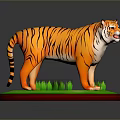 Tiger Toy Model With Orange Black Stripes Standing On Green Grass Base