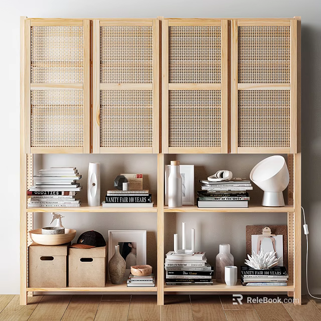 Modern Rattan Door Bookcase With Stacked Books Decorative Items Photo Frames And Vases 3d model 