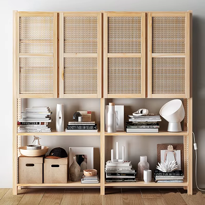 Modern Rattan Door Bookcase With Stacked Books Decorative Items Photo Frames And Vases 3d model