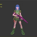 3D Anime Character With Pink Hair Green Top Black Jacket Shorts Fishnet Stockings And Rifle